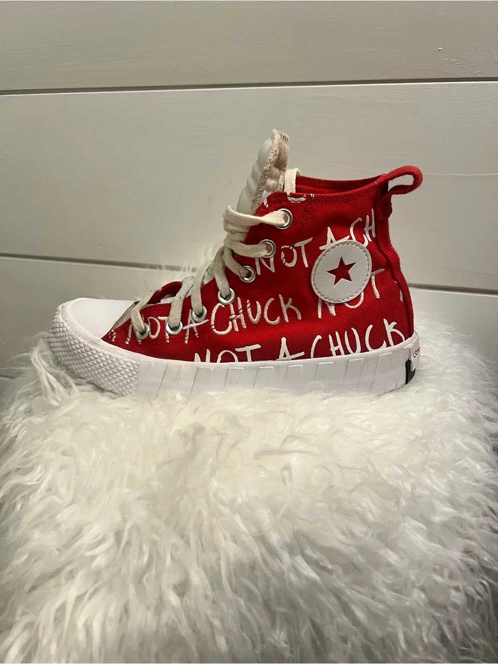 Converse Kids Red and White High-Top Sneakers with Graphic Script Not A Chuck